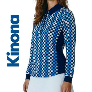 Kinona Golf Top Polo Blue Check It Out Collared Shirt Long Sleeve Sz M